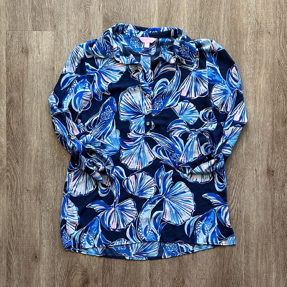 Lilly Pulitzer Everglades Blouse Bright Navy In Reel Life Small Resortwear